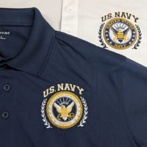 Navy logo on  sport tek shirts