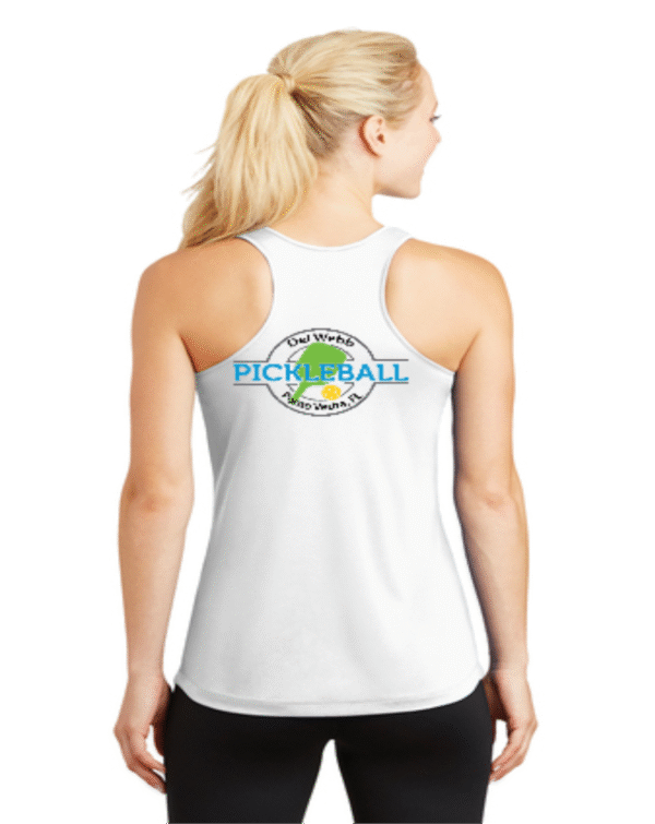 DEL WEBB WOMENS LST356 RACERBACK TANK SILK SCREENED LOGO ON BACK